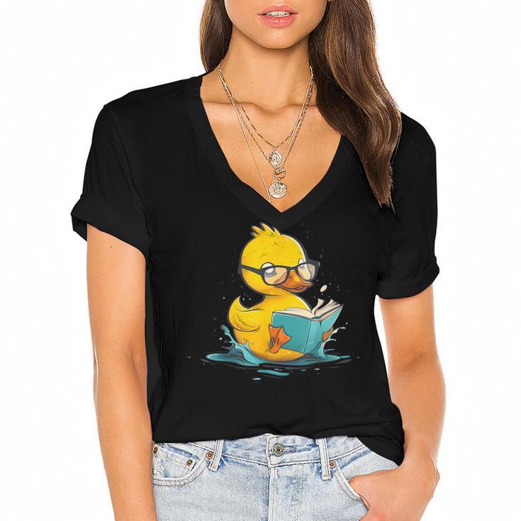 Rubber Duck Reading Book Reader Books Rubber Duckie Women's Jersey Short Sleeve Deep V-Neck Tshirt