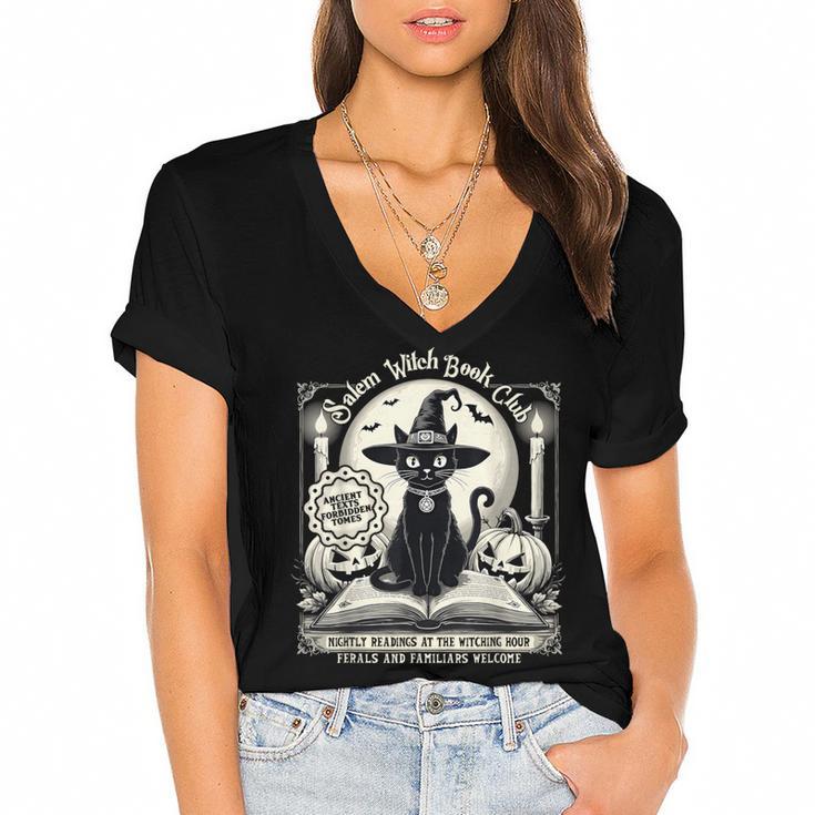 Salem Witch Book Club Vintage Halloween Cat Book Lover Women's Jersey Short Sleeve Deep V-Neck Tshirt				