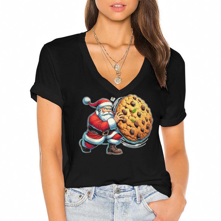 Santa Holding Cookie Xmas Baker Introvert Christmas Women's Jersey Short Sleeve Deep V-Neck Tshirt