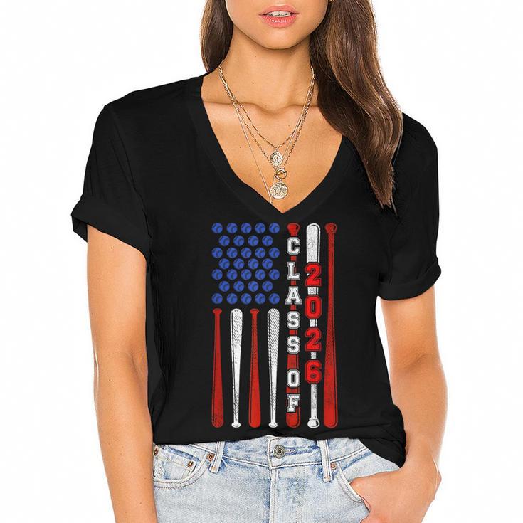 Senior 2026 Baseball American Flag Class Of 2026 Graduation Women's Jersey Short Sleeve Deep V-Neck Tshirt				
