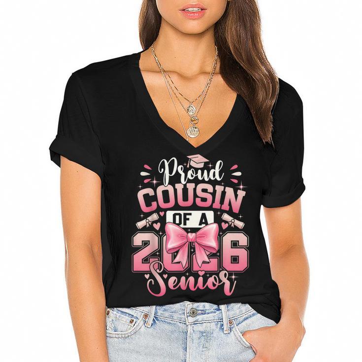 Senior 2026 Class Of 26 Coquette Pink Bow Graduation Cousin Women's Jersey Short Sleeve Deep V-Neck Tshirt				