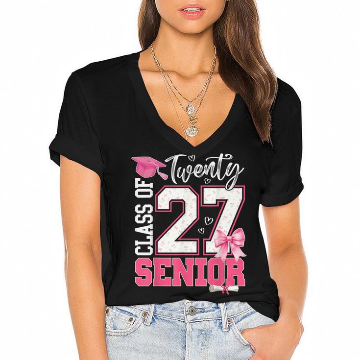 Senior 2027 Class Of 2027 Pink Coquette Bow Graduation Girl Women's Jersey Short Sleeve Deep V-Neck Tshirt