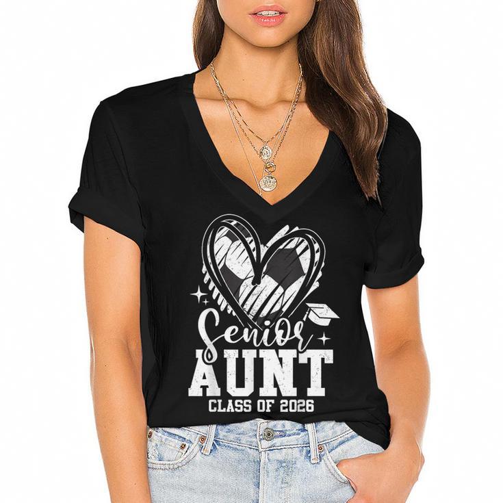 Senior Aunt Class Of 2026 Soccer Graduation Heart Women's Jersey Short Sleeve Deep V-Neck Tshirt				