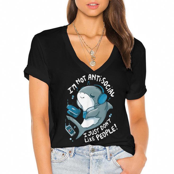 Shark Don’t Like People Antisocial Introvert Women's Jersey Short Sleeve Deep V-Neck Tshirt