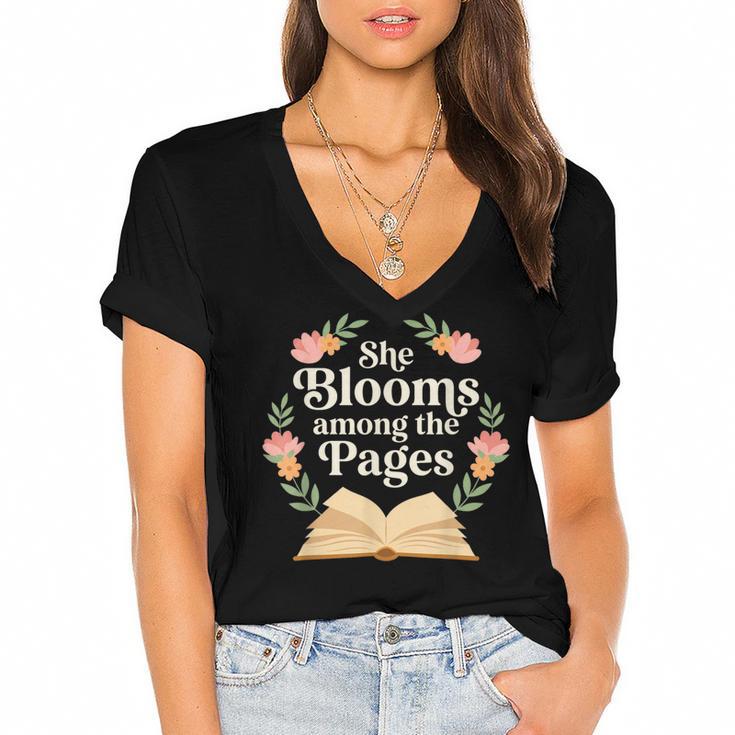 She Blooms Among The Pages Women Mom Wife Floral Book Quote Women's Jersey Short Sleeve Deep V-Neck Tshirt				