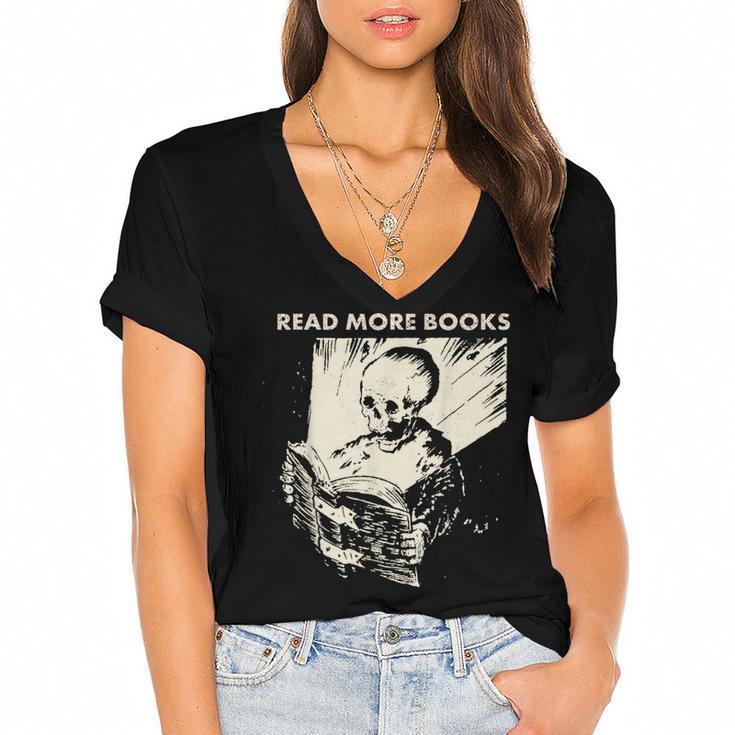 Skeleton Read More Books Women's Jersey Short Sleeve Deep V-Neck Tshirt				
