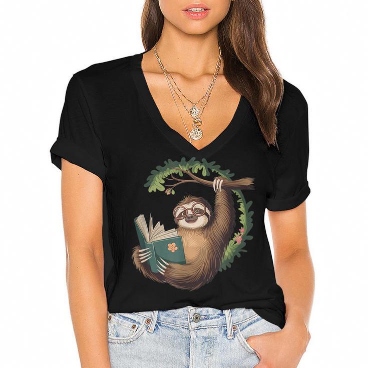 Sloth Reading a Book Lazy Sloth Bookworm Women's Jersey Short Sleeve Deep V-Neck Tshirt				