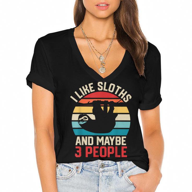 I Like Sloths And Maybe 3 People Sloth Lover Introvert Retro Women's Jersey Short Sleeve Deep V-Neck Tshirt