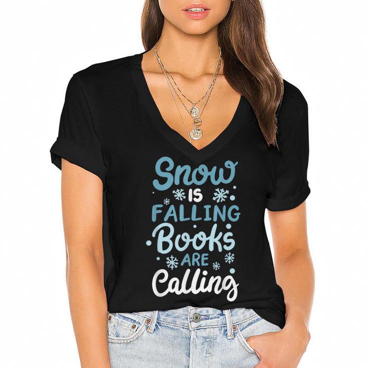 Snow Is Falling Books Are Calling Women's Jersey Short Sleeve Deep V-Neck Tshirt				