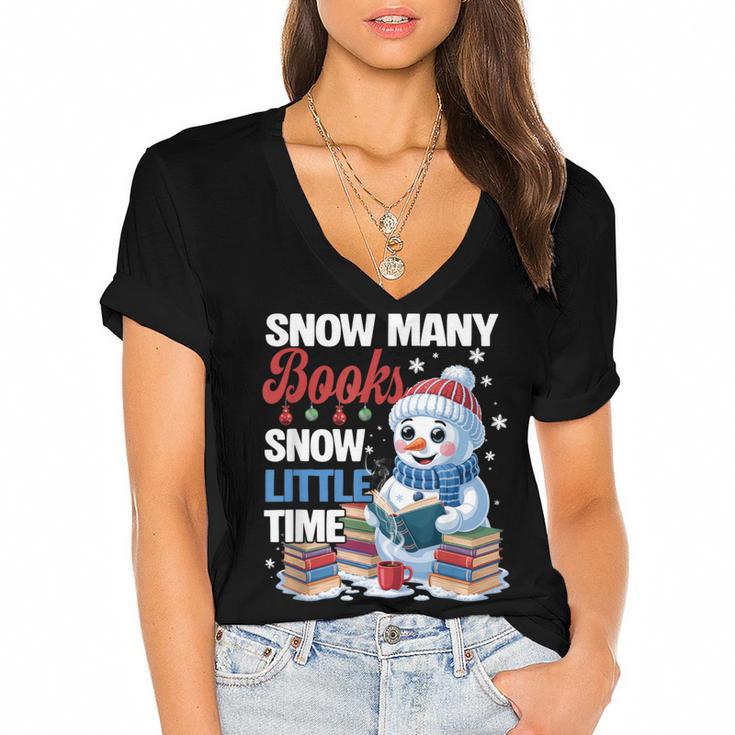 Snowman Winter Snow So Many Books Christmas Snow Little Time Women's Jersey Short Sleeve Deep V-Neck Tshirt				