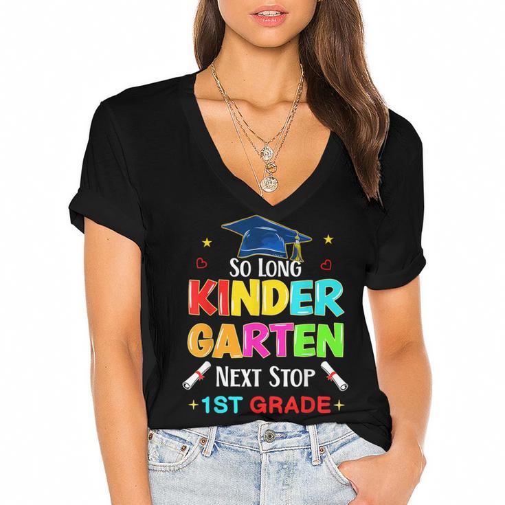 So Long Kindergarten Graduation 2025 Graduate 1st Grade Women's Jersey Short Sleeve Deep V-Neck Tshirt				