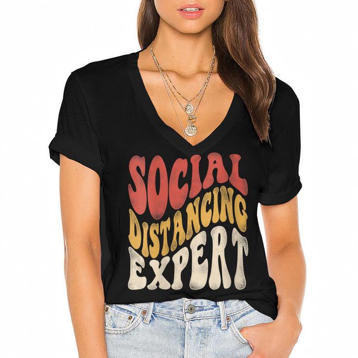 Social Distancing Expert Introvert Women's Jersey Short Sleeve Deep V-Neck Tshirt