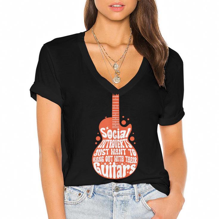 Social Introverts Hang Out With Guitars Musician Guitarist Women's Jersey Short Sleeve Deep V-Neck Tshirt