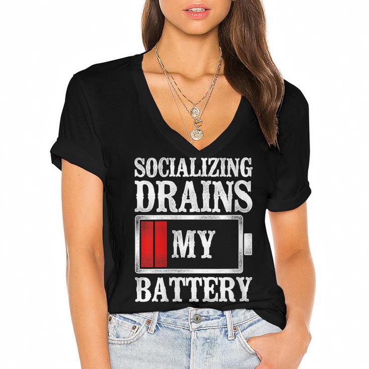 Socializing Drains My Battery Introvert Women's Jersey Short Sleeve Deep V-Neck Tshirt