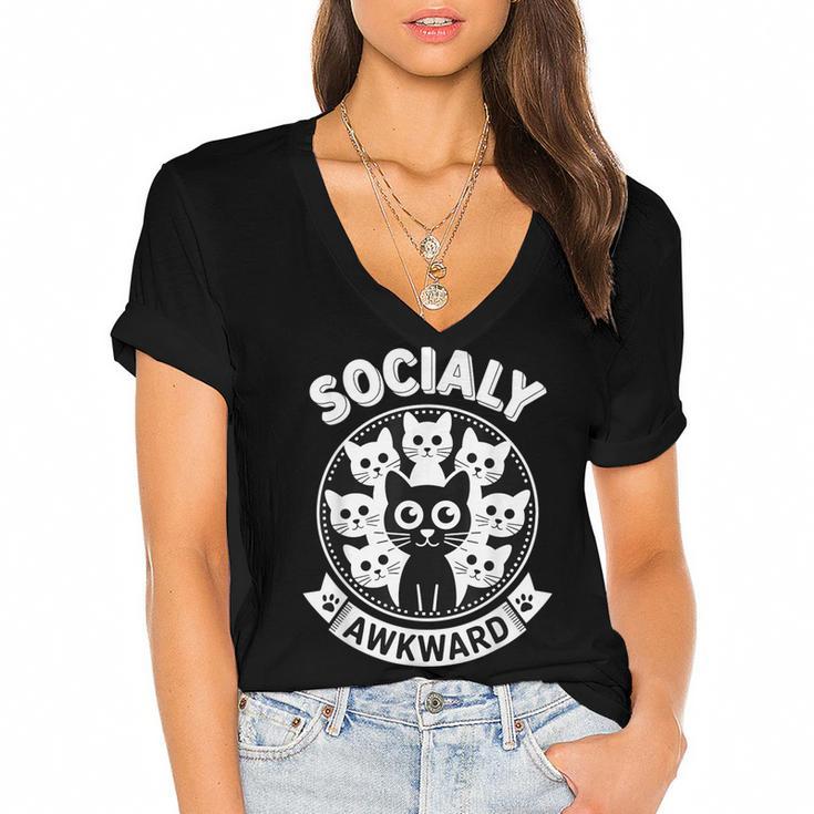 Socially Awkward Cute Introvert Cat Meme Anti-Social Club Women's Jersey Short Sleeve Deep V-Neck Tshirt				