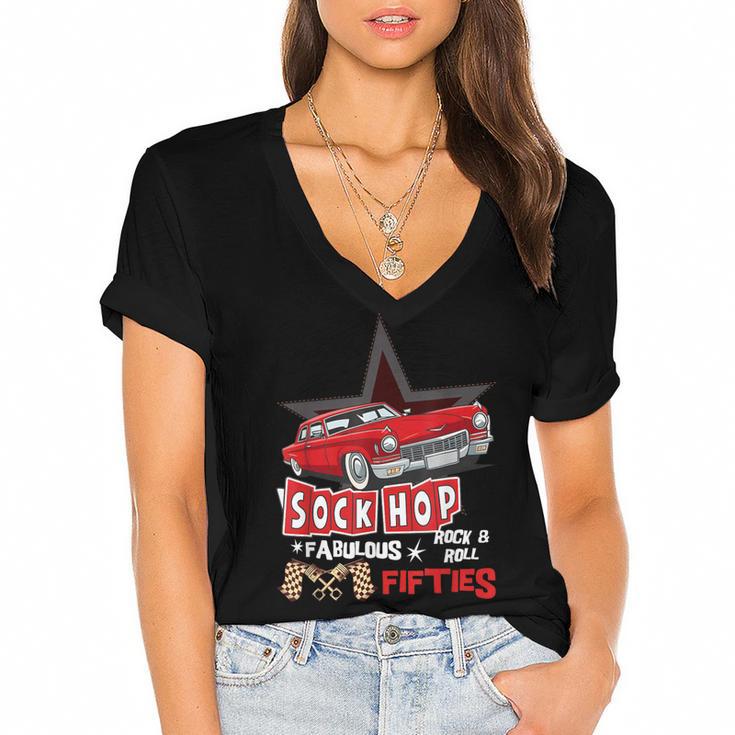 Sock Hop Fabulous Fifties Rock N Roll Automobile Nostalgia Women's Jersey Short Sleeve Deep V-Neck Tshirt				