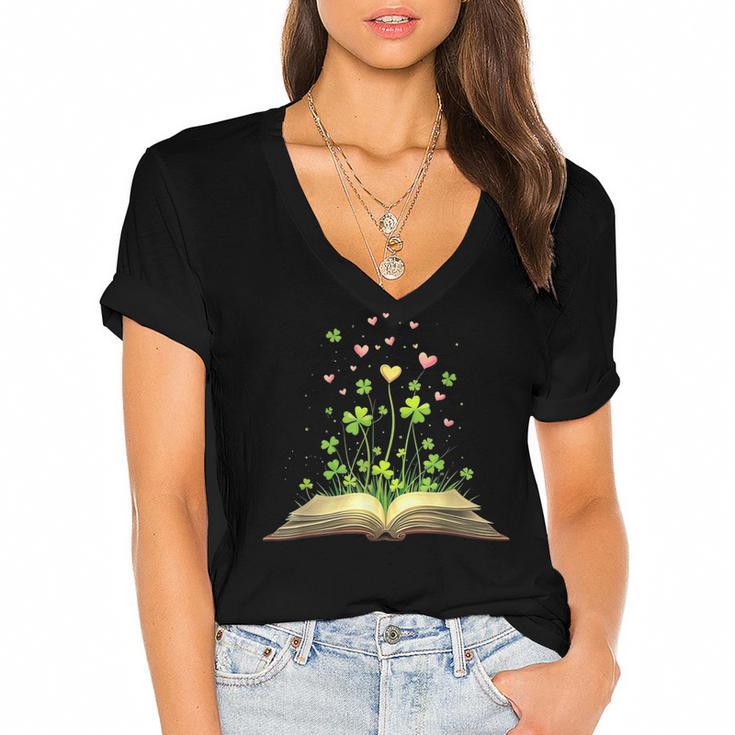St Patricks Day Book Lover Librarian Core Shamrock Author Women's Jersey Short Sleeve Deep V-Neck Tshirt				