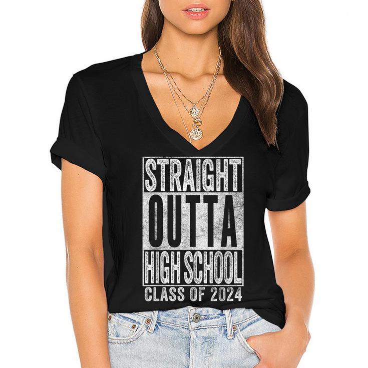 STRAIGHT OUTTA HIGH SCHOOL Graduation Class Of 2024 Senior Women's Jersey Short Sleeve Deep V-Neck Tshirt				