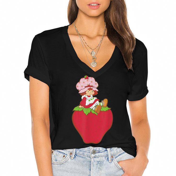 Strawberry Shortcake Sitting On Strawberry Retro Nostalgia Women's Jersey Short Sleeve Deep V-Neck Tshirt