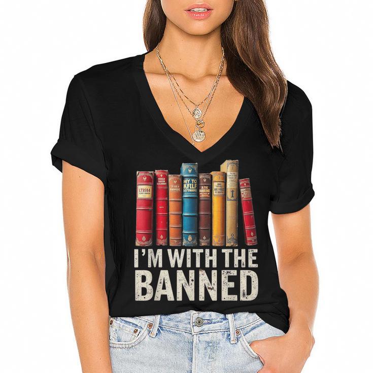 Support Banned Books Freedom I'm With The Banned Women's Jersey Short Sleeve Deep V-Neck Tshirt				