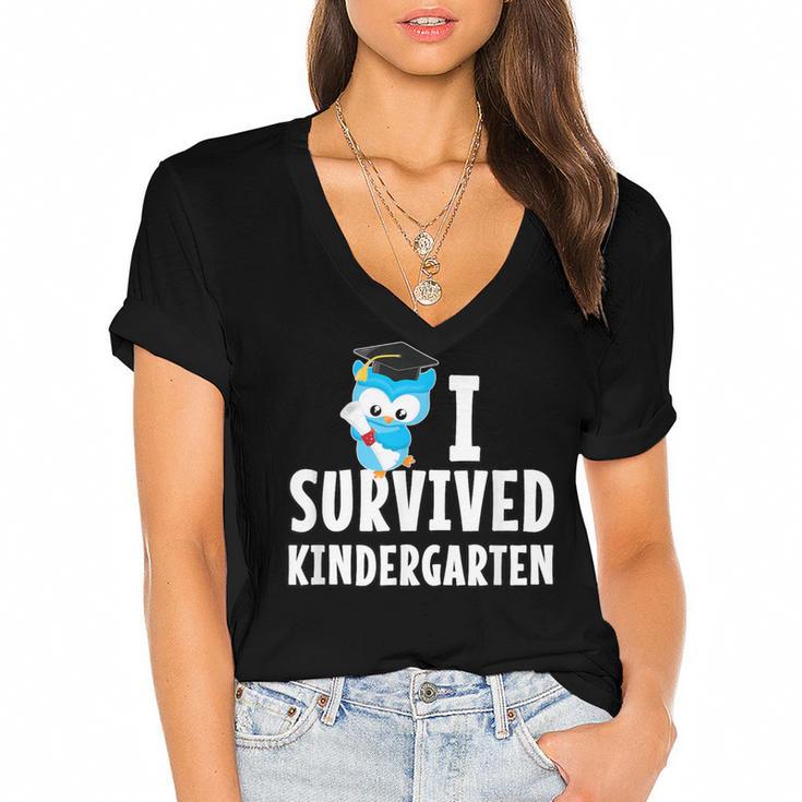I Survived Kindergarten Graduation Kids Owl Grad Women's Jersey Short Sleeve Deep V-Neck Tshirt				
