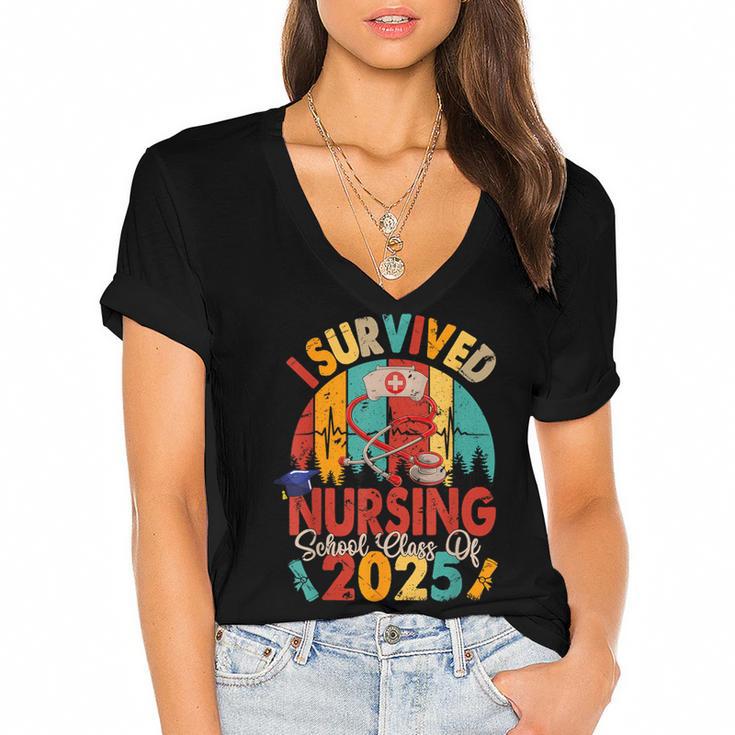 I Survived Nursing School Class Of 2025 Proud Graduation Women's Jersey Short Sleeve Deep V-Neck Tshirt				