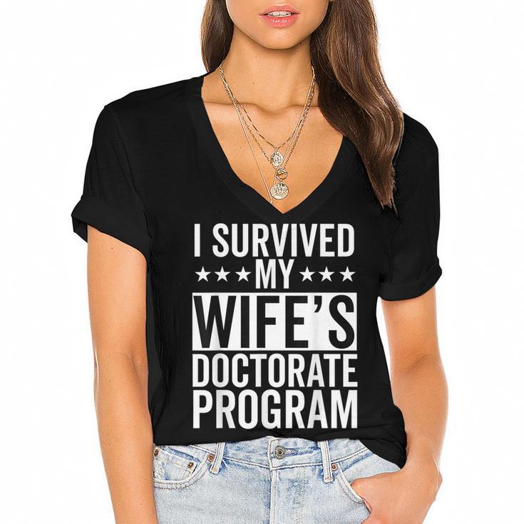 i Survived My Wife Doctorate Program PHD Wife Graduation Women's Jersey Short Sleeve Deep V-Neck Tshirt