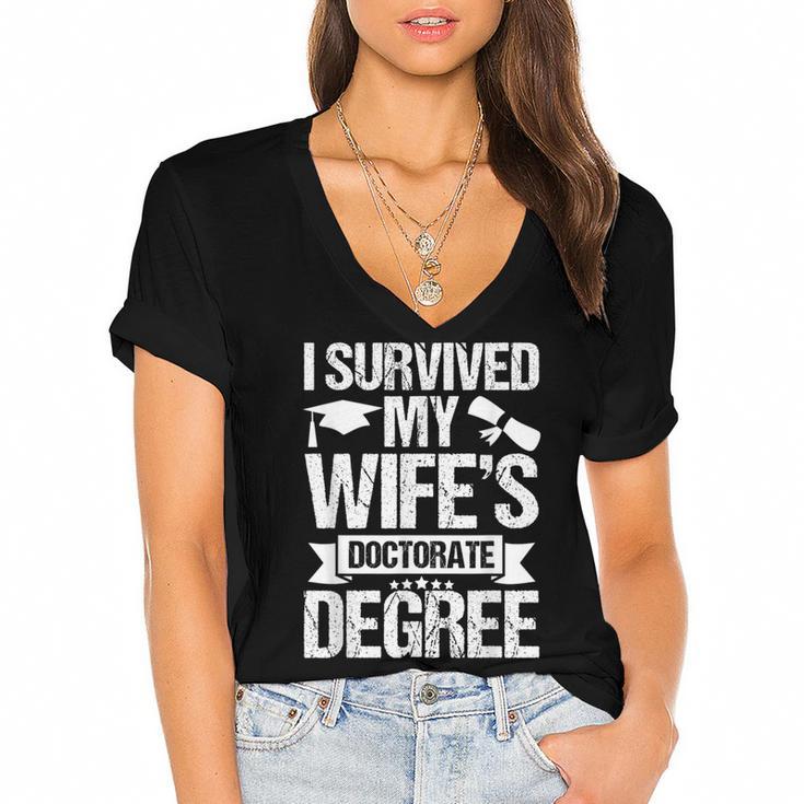 I Survived My Wifes Doctorate Degree Graduation Women's Jersey Short Sleeve Deep V-Neck Tshirt				