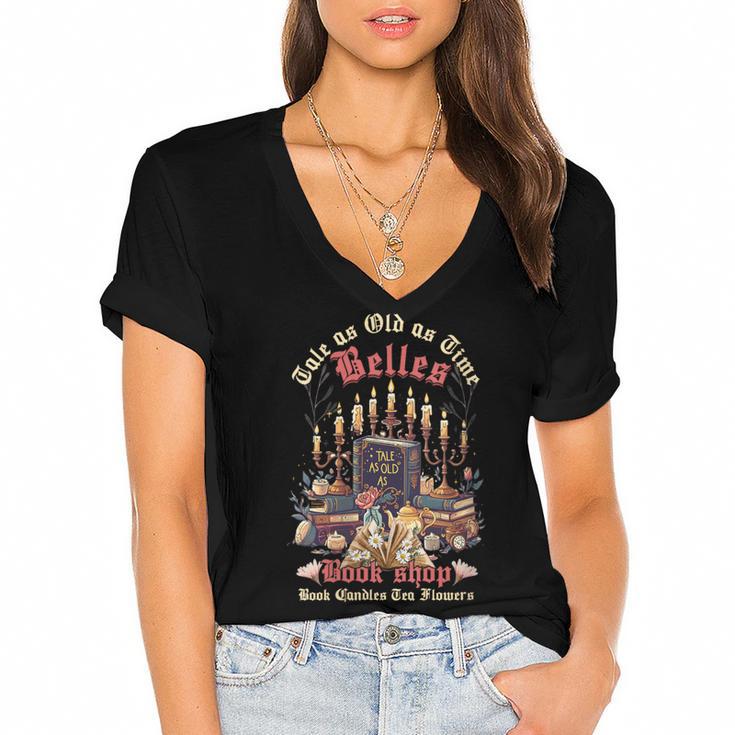 Tale As Old As Time Belles Book Shop Book Candles Tea Flower Women's Jersey Short Sleeve Deep V-Neck Tshirt				