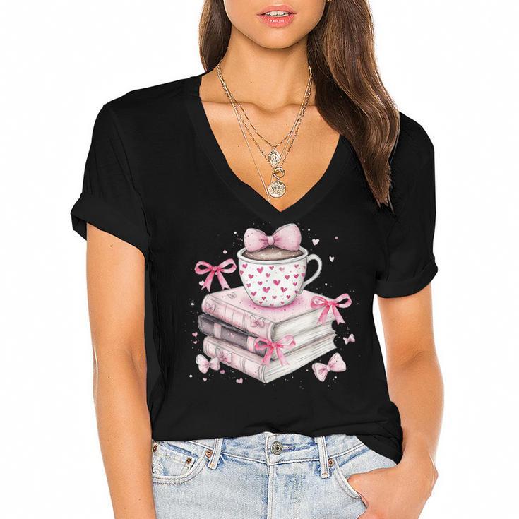 Teacher Valentine's Day All Booked For Valentines Reading Women's Jersey Short Sleeve Deep V-Neck Tshirt