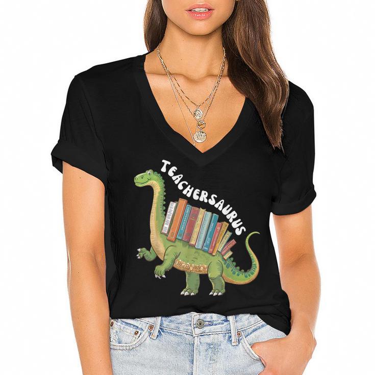 Teachersaurus Dinosaur Teachers Dino Reading Book Librarian Women's Jersey Short Sleeve Deep V-Neck Tshirt				