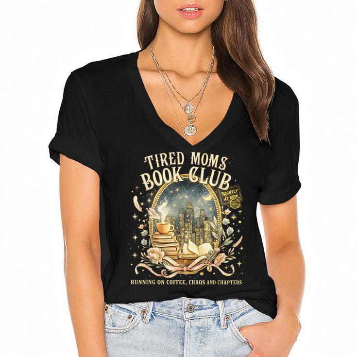 Tired Moms Book Club Cozy Night Coffee Reading Cat Women's Jersey Short Sleeve Deep V-Neck Tshirt				