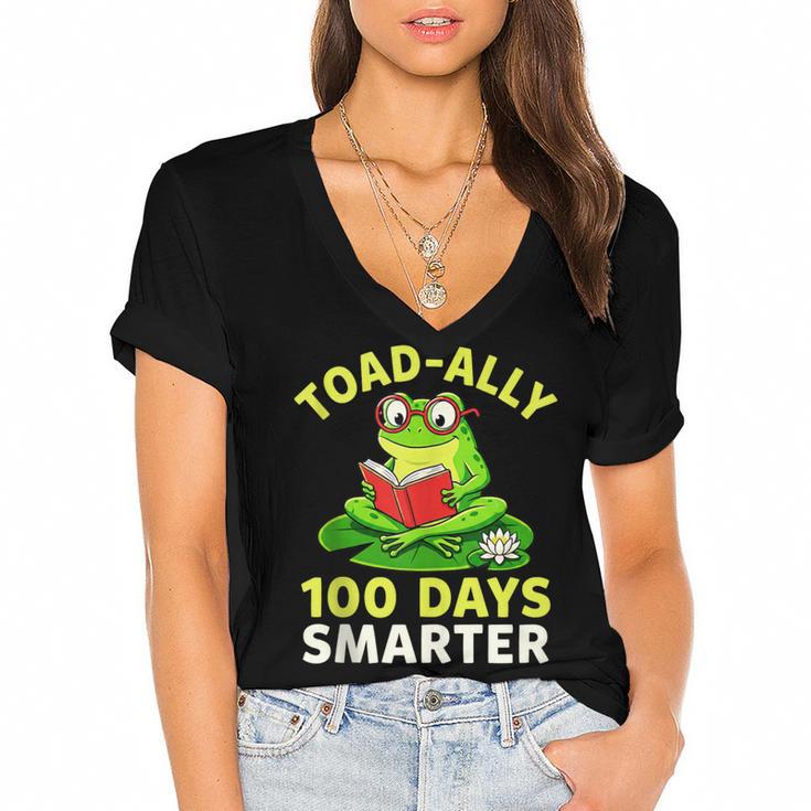 Toad-Ally 100 Days Smarter Frog Reading Book 100 School Day Women's Jersey Short Sleeve Deep V-Neck Tshirt
