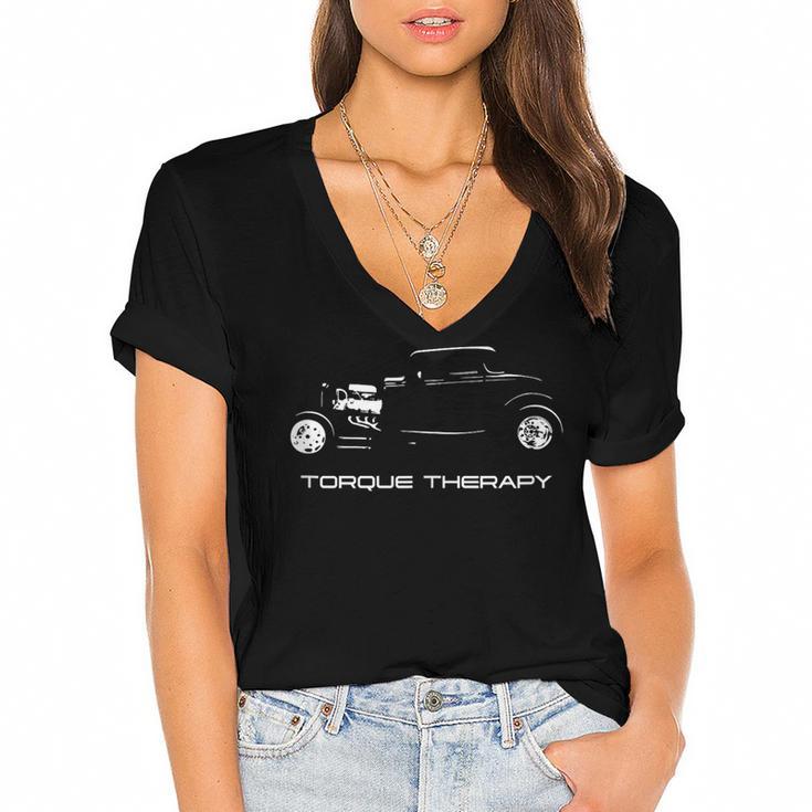 Torque Therapy Automotive Nostalgia Vintage Hotrod Car Women's Jersey Short Sleeve Deep V-Neck Tshirt