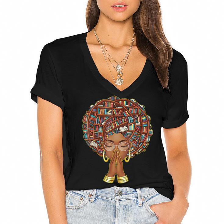 History Month Afro Book Lover Women Girls Librarian Women's Jersey Short Sleeve Deep V-Neck Tshirt