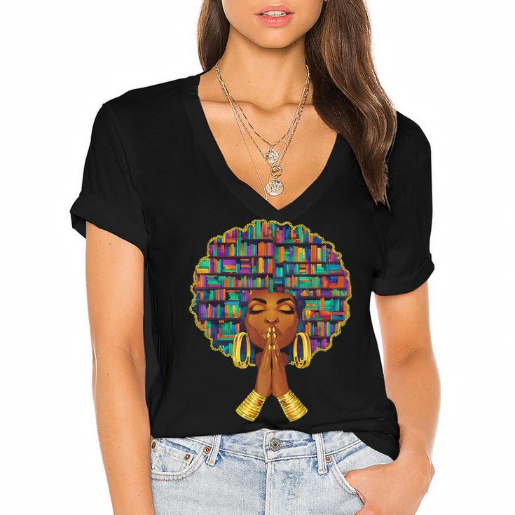 History Month Afro Women Book Lover Librarian Teacher Women's Jersey Short Sleeve Deep V-Neck Tshirt				