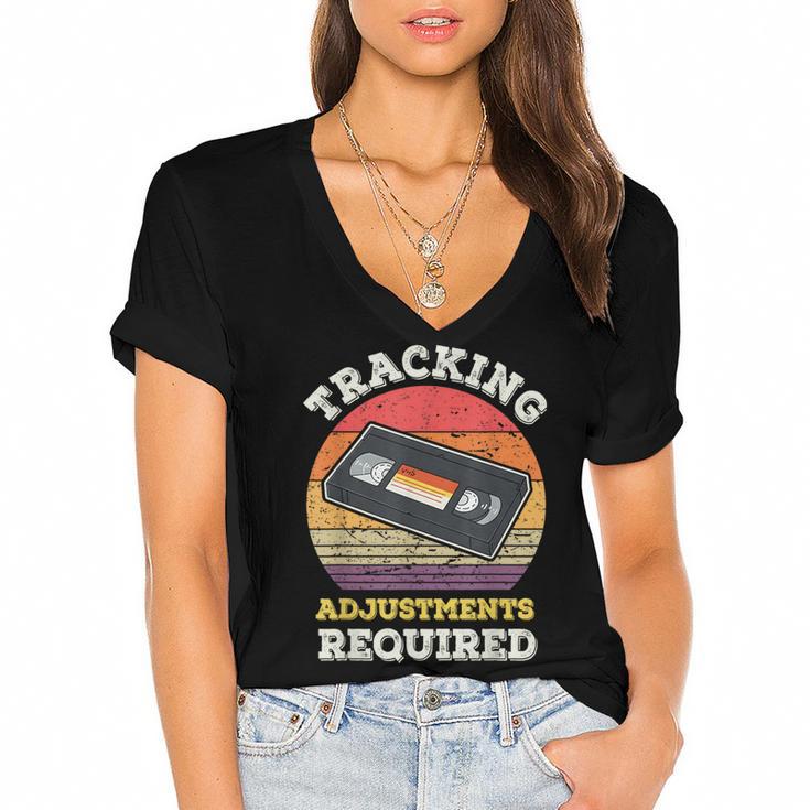 Tracking Adjustments Required Nostalgia VHS Retro Tape Women's Jersey Short Sleeve Deep V-Neck Tshirt
