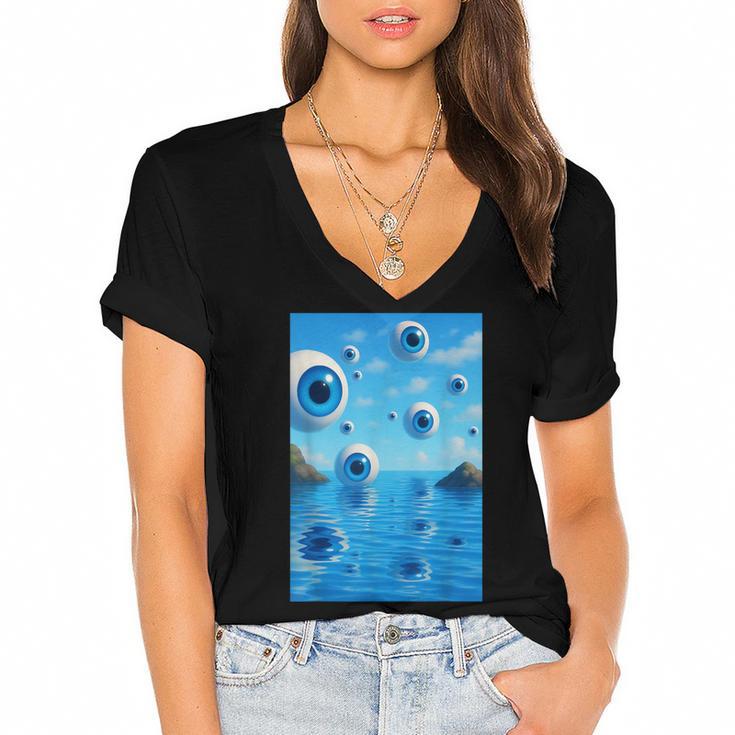 Trippy Weirdcore Frutiger Aero Surreal Eyeballs Y2K Women's Jersey Short Sleeve Deep V-Neck Tshirt				