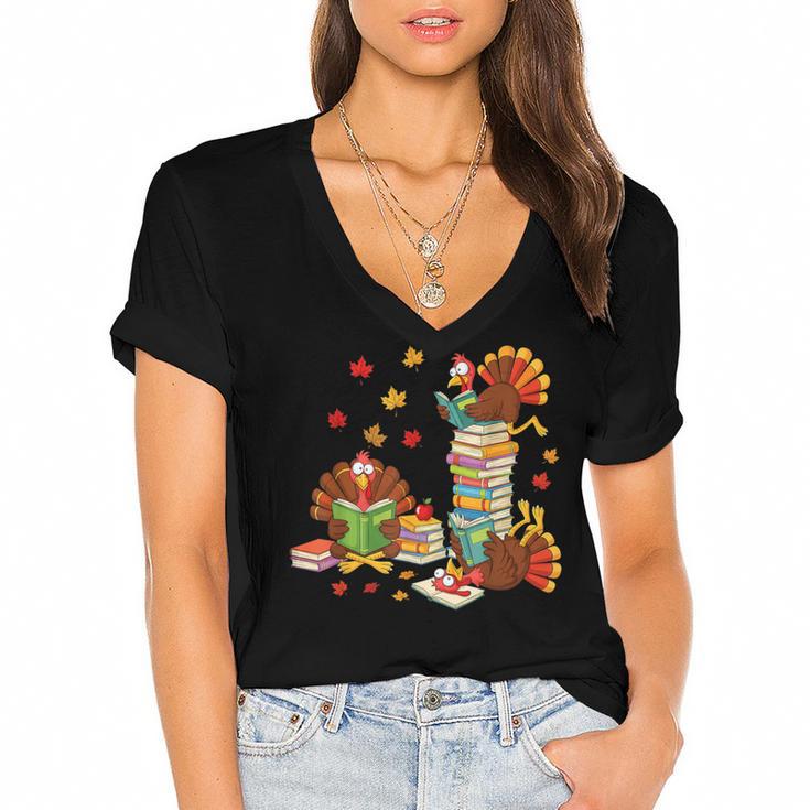 Turkey Reading Books Fall Librarian Book Lover Teacher Kids Women's Jersey Short Sleeve Deep V-Neck Tshirt