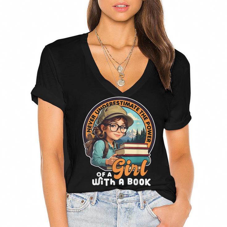 Never Underestimate The Power Of a Girl With a Book Reading Women's Jersey Short Sleeve Deep V-Neck Tshirt				