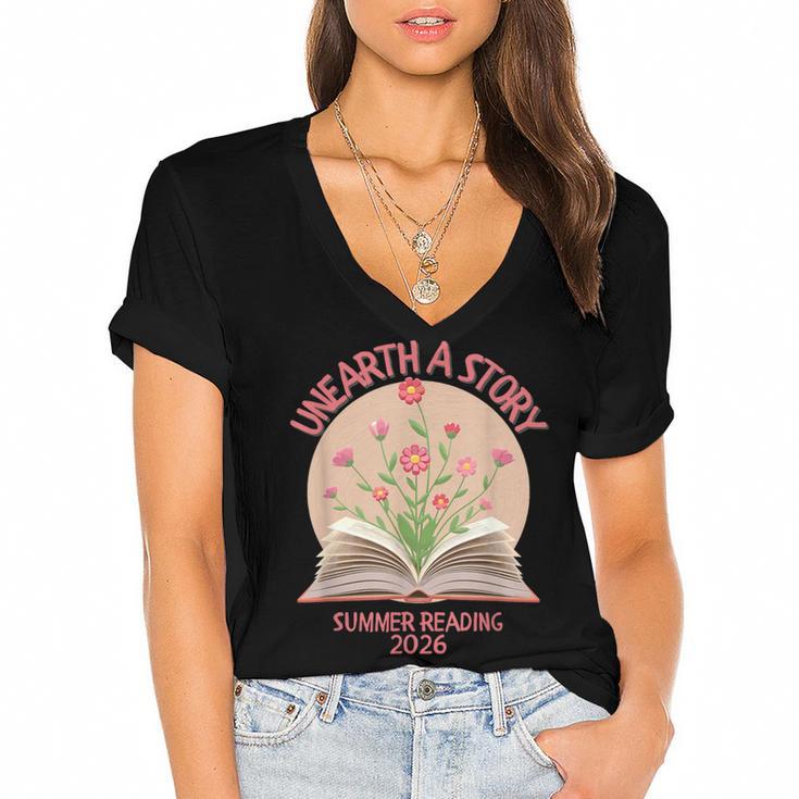 Unearth a Story 2026 Summer Reading Program Flowers Book Women's Jersey Short Sleeve Deep V-Neck Tshirt				