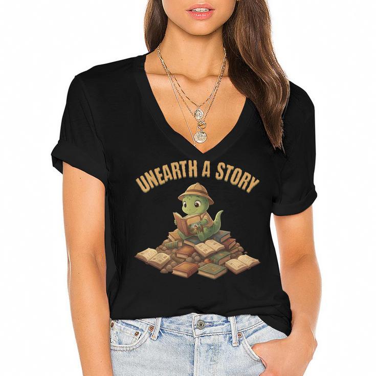 Unearth a Story Dinosaur Reading Books Summer 2026 Women's Jersey Short Sleeve Deep V-Neck Tshirt				