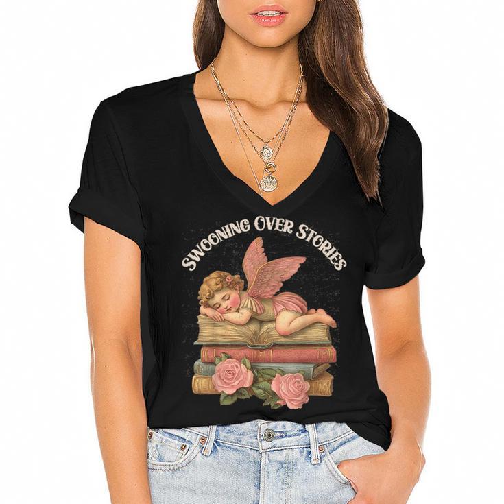Valentine's Swooning Over Stories Cupid And Book Lover Tee Women's Jersey Short Sleeve Deep V-Neck Tshirt				
