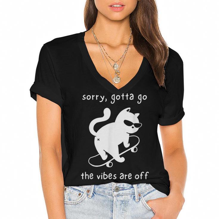 Vibes Are Off Cat Skateboard Introvert Sarcastic Humor Women's Jersey Short Sleeve Deep V-Neck Tshirt