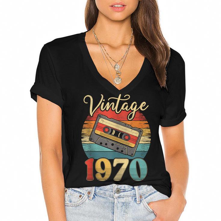 Vintage 1970 Retro Cassette Tape 70s Born Nostalgia Birthday Women's Jersey Short Sleeve Deep V-Neck Tshirt