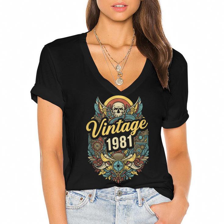 Vintage 1981 Retro Badge Nostalgia Eighties Compass Skull Women's Jersey Short Sleeve Deep V-Neck Tshirt