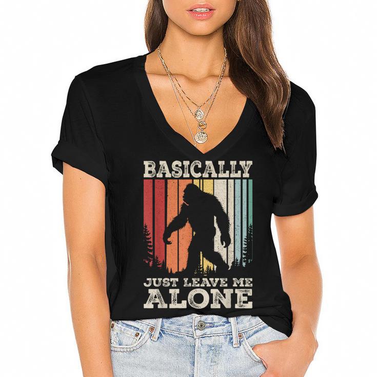 Vintage Basically Just Leave Me Alone Bigfoot Introverts Women's Jersey Short Sleeve Deep V-Neck Tshirt