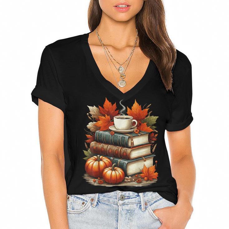 Vintage Autumn Books Coffee Pumpkin Fall Reading Women's Jersey Short Sleeve Deep V-Neck Tshirt				