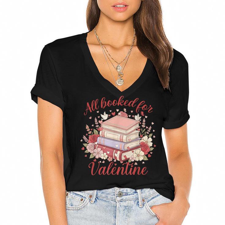 Vintage All Booked For Valentines Book Lovers Teacher Kids Women's Jersey Short Sleeve Deep V-Neck Tshirt				