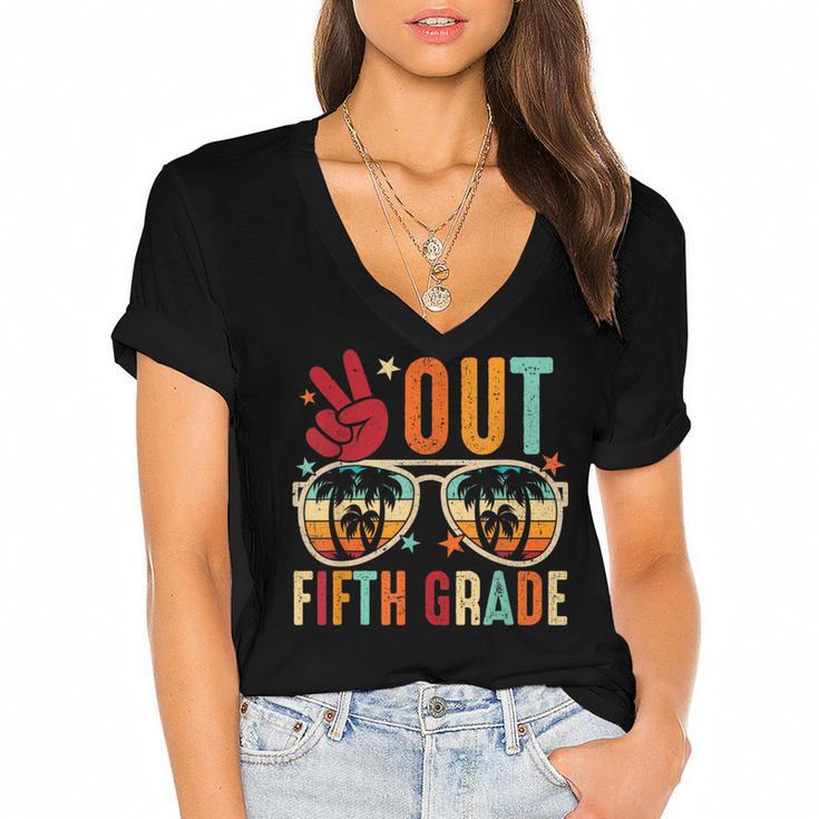 Vintage Peace Out 5th Grade Graduation Last Day Of School Women's Jersey Short Sleeve Deep V-Neck Tshirt				